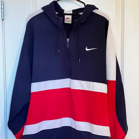 RARE Vintage 90s Nike 1/4 Zip Hoodie  Navy Red White Retro Pullover Mens Large - Picture 1 of 14